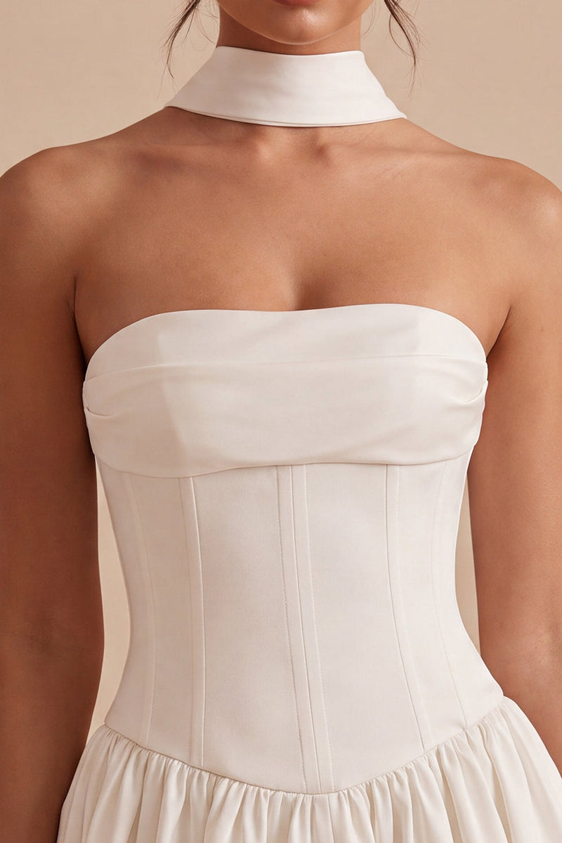 Load image into Gallery viewer, White Corset Strapless A Line Short Graduation Dress with Neck Scarf