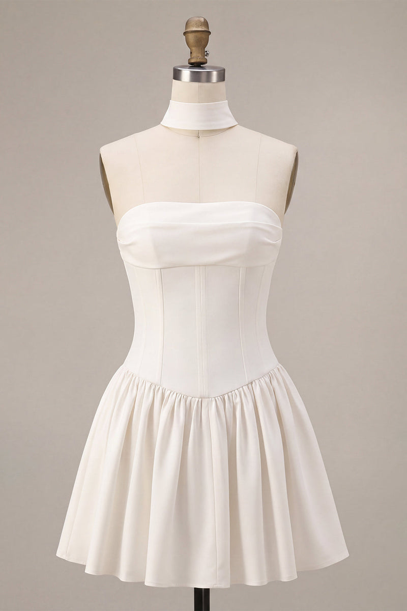Load image into Gallery viewer, White Corset Strapless A Line Short Graduation Dress with Neck Scarf