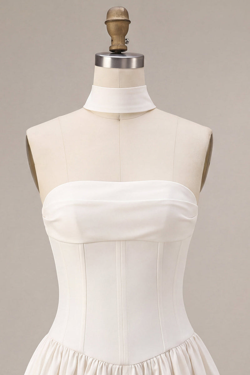 Load image into Gallery viewer, White Corset Strapless A Line Short Graduation Dress with Neck Scarf