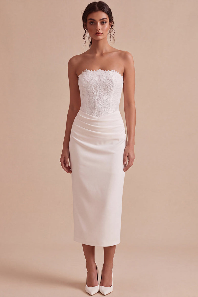 Load image into Gallery viewer, White Sheath Strapless Ruched Midi Engagement Dress with Lace