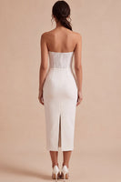 Load image into Gallery viewer, White Sheath Strapless Ruched Midi Engagement Dress with Lace