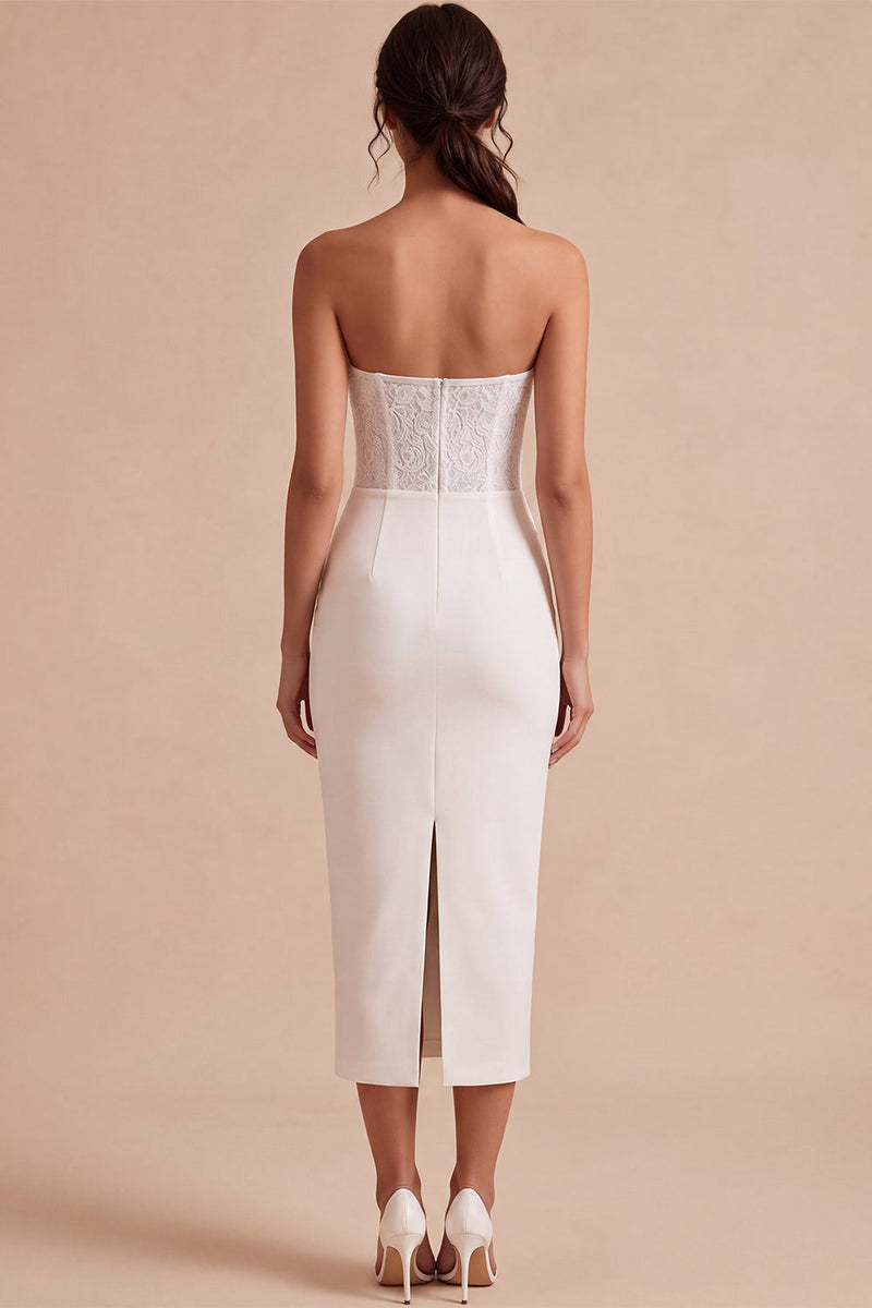 Load image into Gallery viewer, White Sheath Strapless Ruched Midi Engagement Dress with Lace