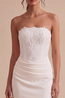 Load image into Gallery viewer, White Sheath Strapless Ruched Midi Engagement Dress with Lace