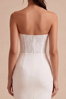 Load image into Gallery viewer, White Sheath Strapless Ruched Midi Engagement Dress with Lace