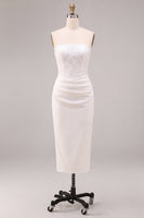 Load image into Gallery viewer, White Sheath Strapless Ruched Midi Engagement Dress with Lace