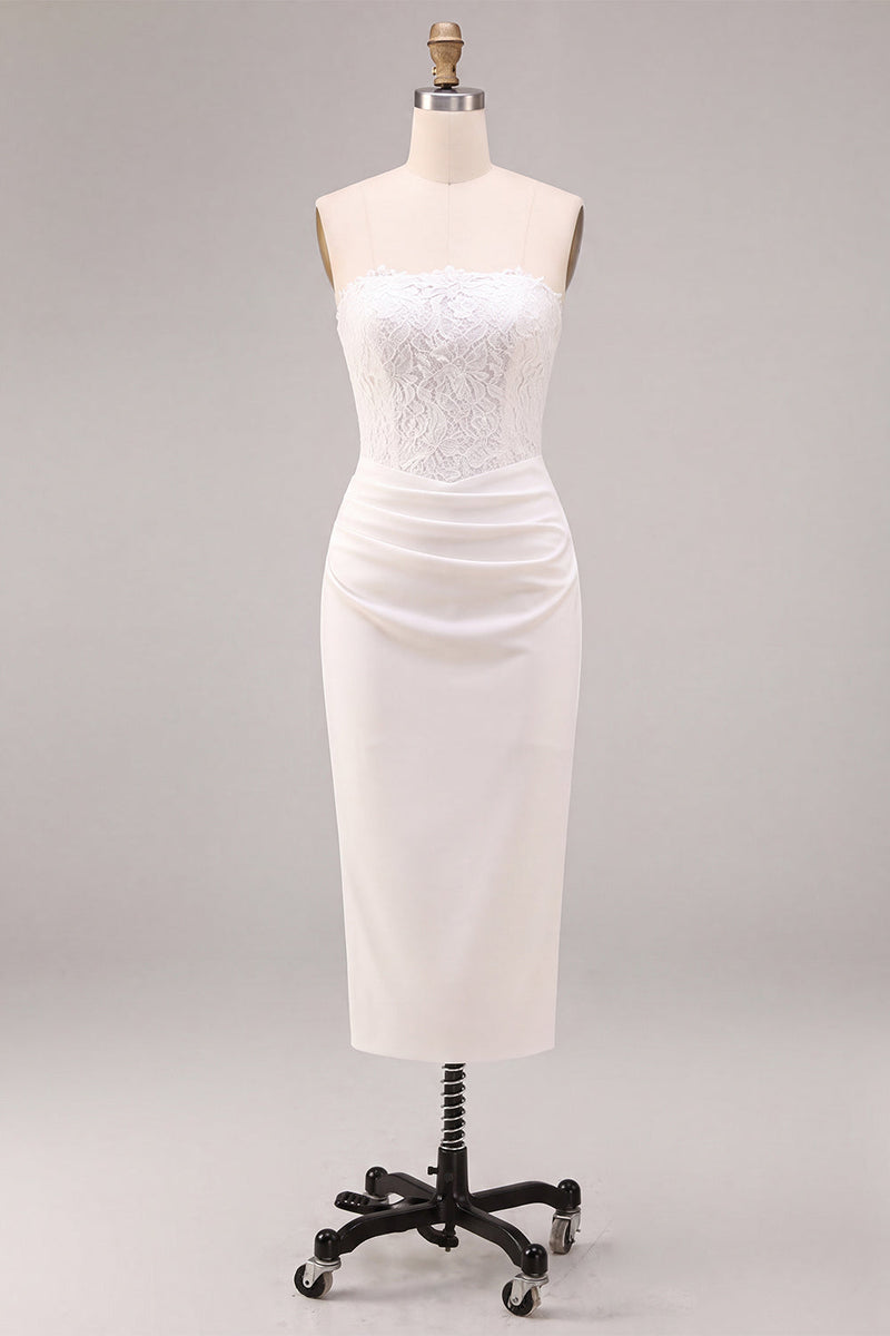 Load image into Gallery viewer, White Sheath Strapless Ruched Midi Engagement Dress with Lace