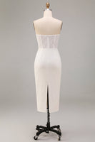 Load image into Gallery viewer, White Sheath Strapless Ruched Midi Engagement Dress with Lace