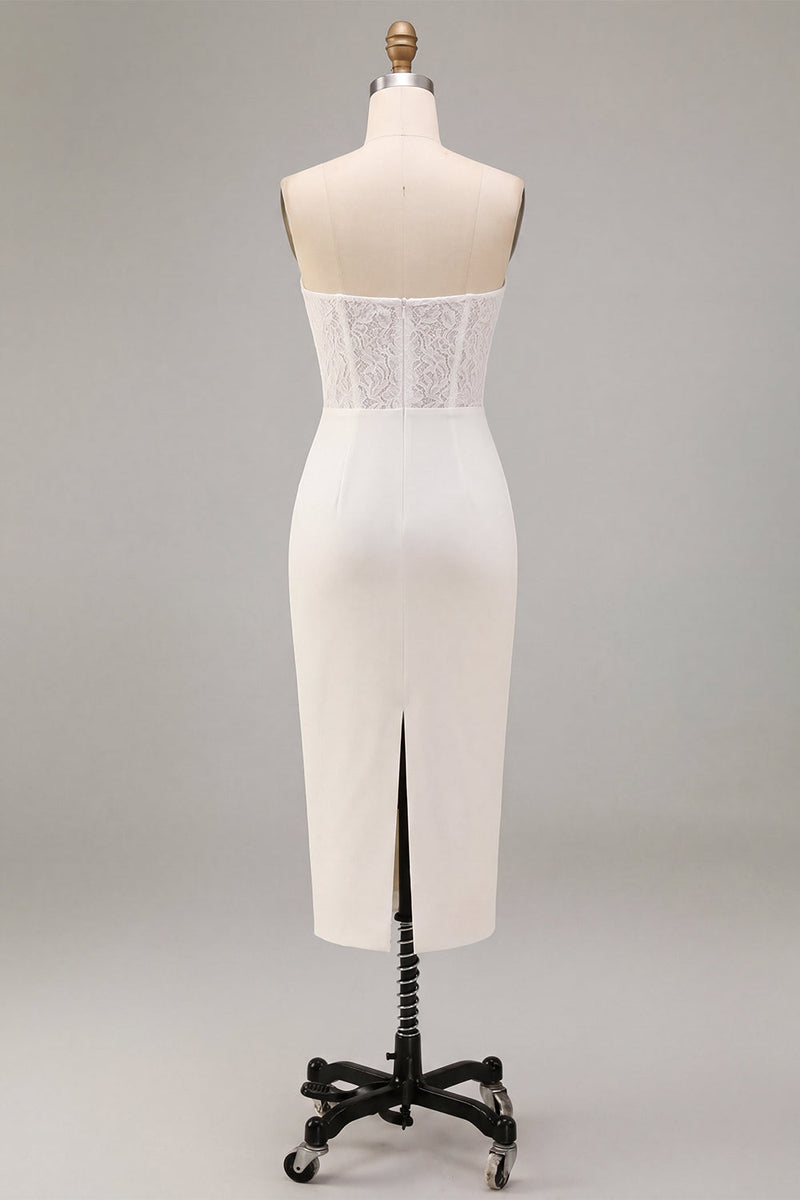Load image into Gallery viewer, White Sheath Strapless Ruched Midi Engagement Dress with Lace