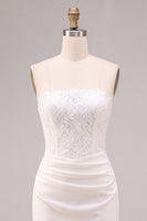 Load image into Gallery viewer, White Sheath Strapless Ruched Midi Engagement Dress with Lace