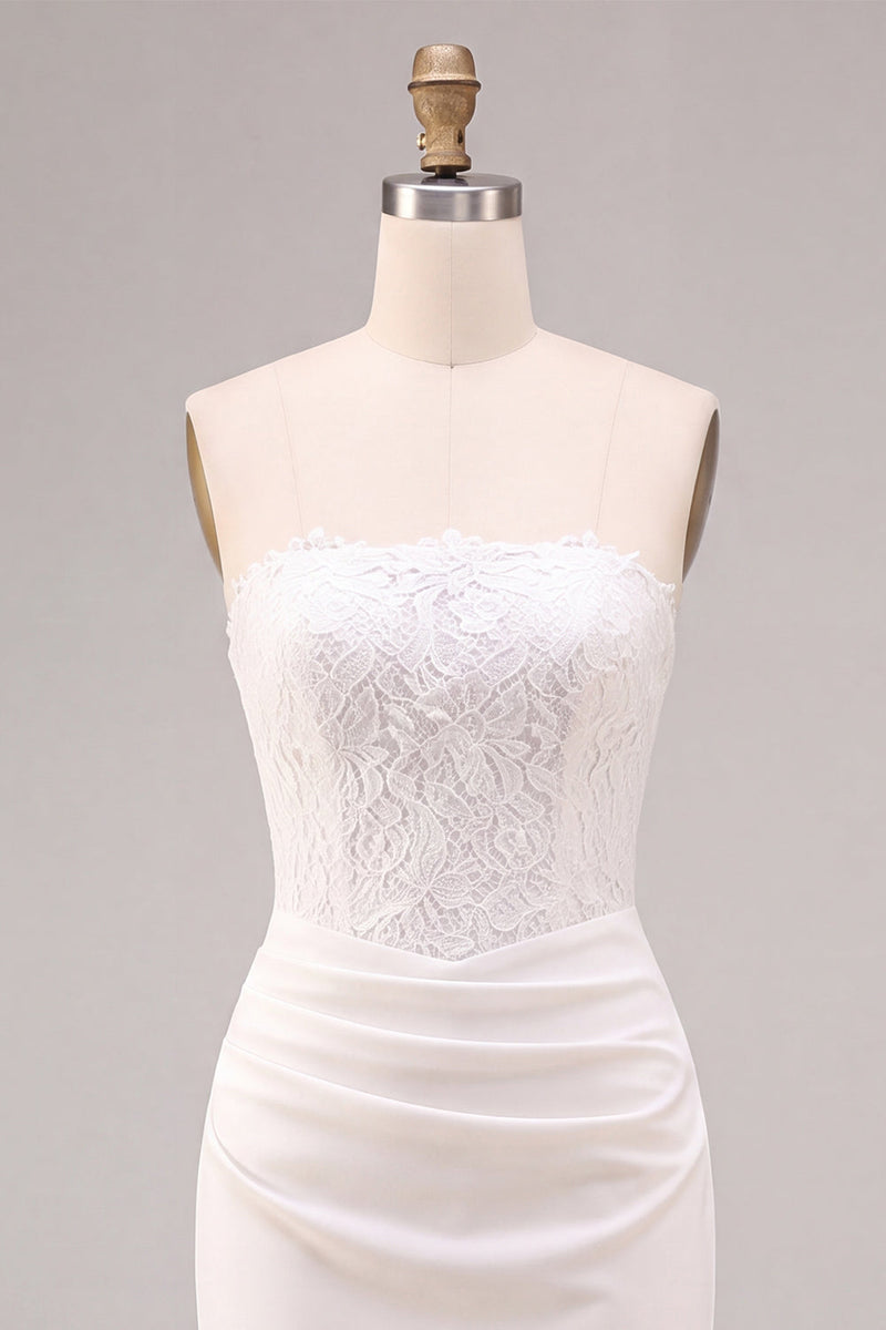 Load image into Gallery viewer, White Sheath Strapless Ruched Midi Engagement Dress with Lace