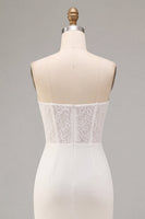 Load image into Gallery viewer, White Sheath Strapless Ruched Midi Engagement Dress with Lace
