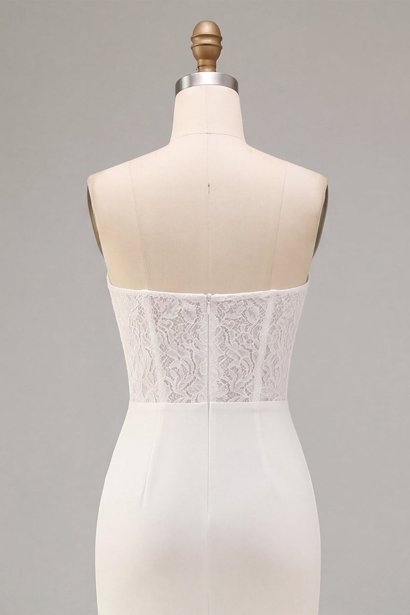 Load image into Gallery viewer, White Sheath Strapless Ruched Midi Engagement Dress with Lace