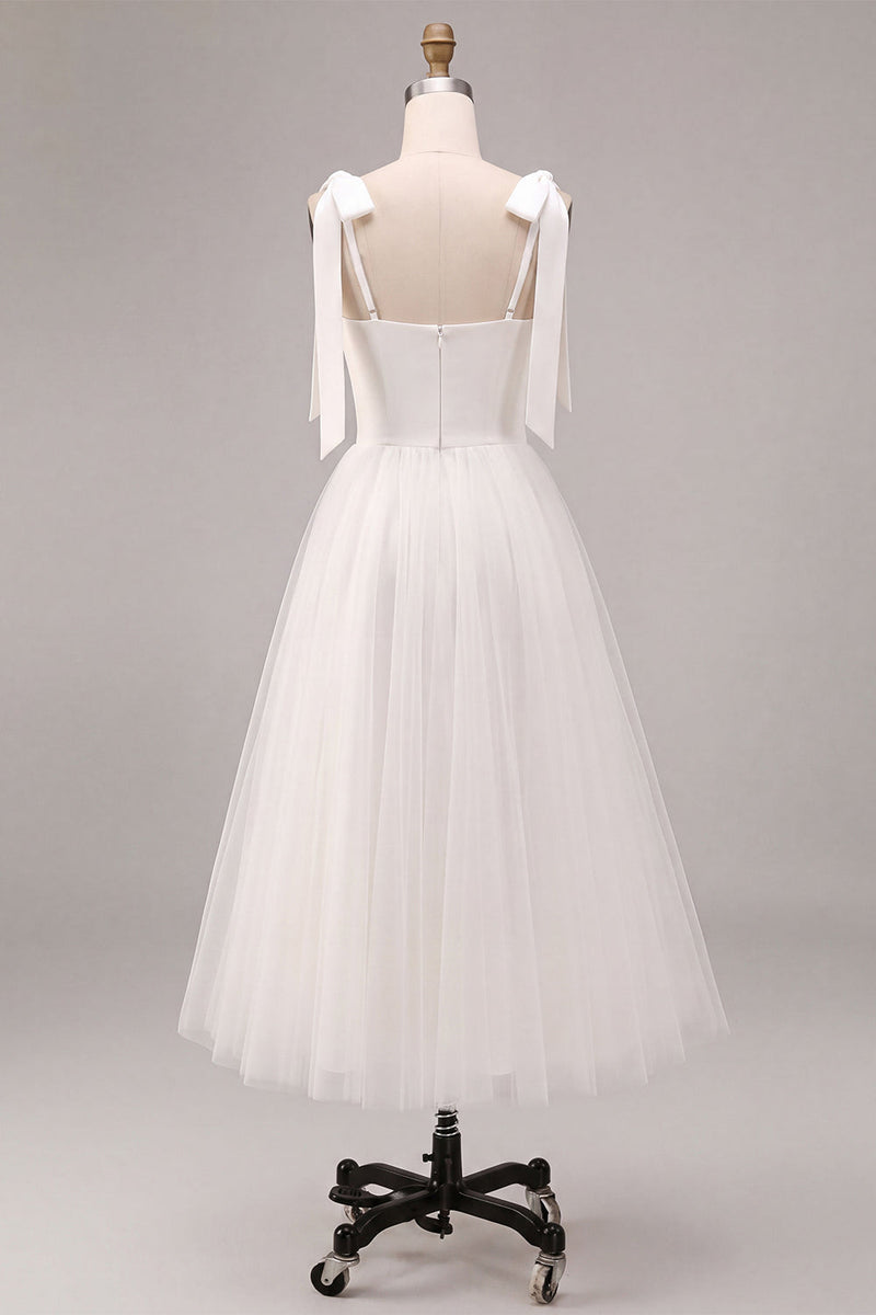 Load image into Gallery viewer, White Tulle A-Line Midi Boho Engagement Dress with Bows