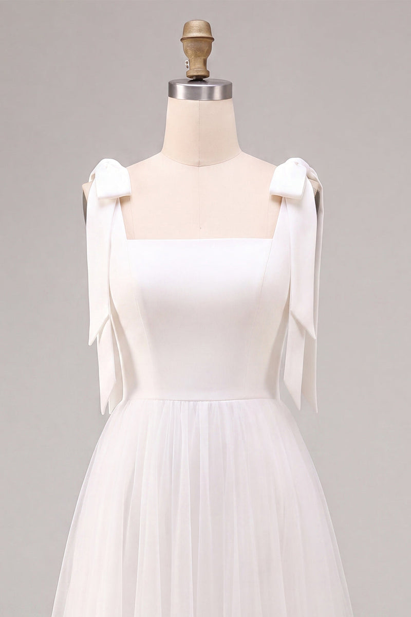 Load image into Gallery viewer, White Tulle A-Line Midi Boho Engagement Dress with Bows