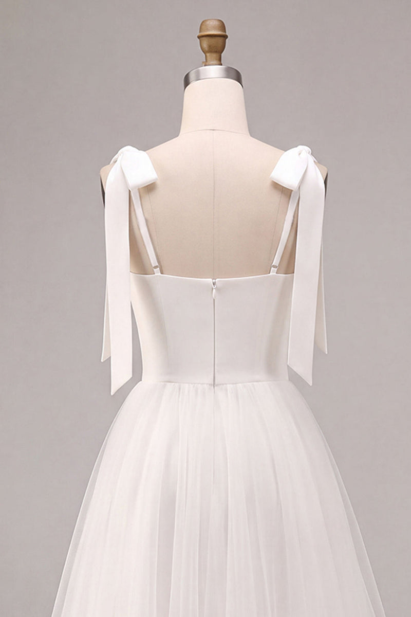 Load image into Gallery viewer, White Tulle A-Line Midi Boho Engagement Dress with Bows
