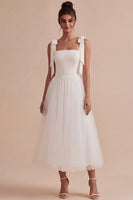 Load image into Gallery viewer, White Tulle A-Line Midi Boho Engagement Dress with Bows