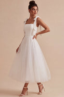 Load image into Gallery viewer, White Tulle A-Line Midi Boho Engagement Dress with Bows