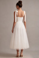 Load image into Gallery viewer, White Tulle A-Line Midi Boho Engagement Dress with Bows