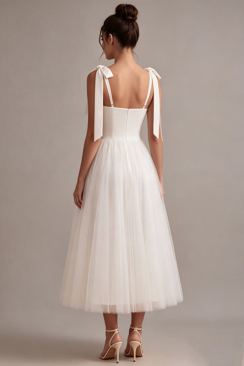 Load image into Gallery viewer, White Tulle A-Line Midi Boho Engagement Dress with Bows