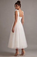 Load image into Gallery viewer, White Tulle A-Line Midi Boho Engagement Dress with Bows