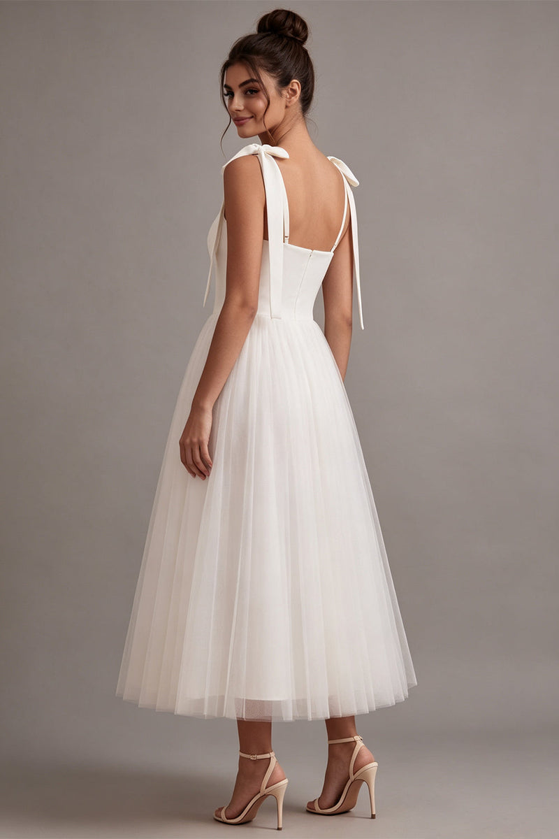 Load image into Gallery viewer, White Tulle A-Line Midi Boho Engagement Dress with Bows