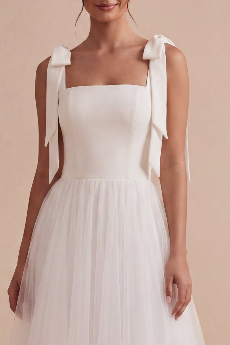 Load image into Gallery viewer, White Tulle A-Line Midi Boho Engagement Dress with Bows