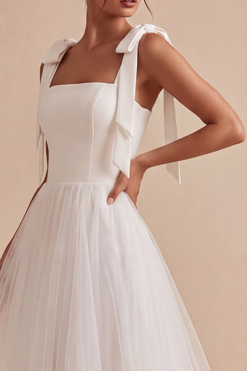 Load image into Gallery viewer, White Tulle A-Line Midi Boho Engagement Dress with Bows