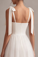 Load image into Gallery viewer, White Tulle A-Line Midi Boho Engagement Dress with Bows