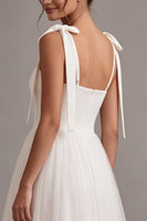 Load image into Gallery viewer, White Tulle A-Line Midi Boho Engagement Dress with Bows