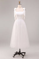 Load image into Gallery viewer, White Tulle A-Line Midi Boho Engagement Dress with Bows