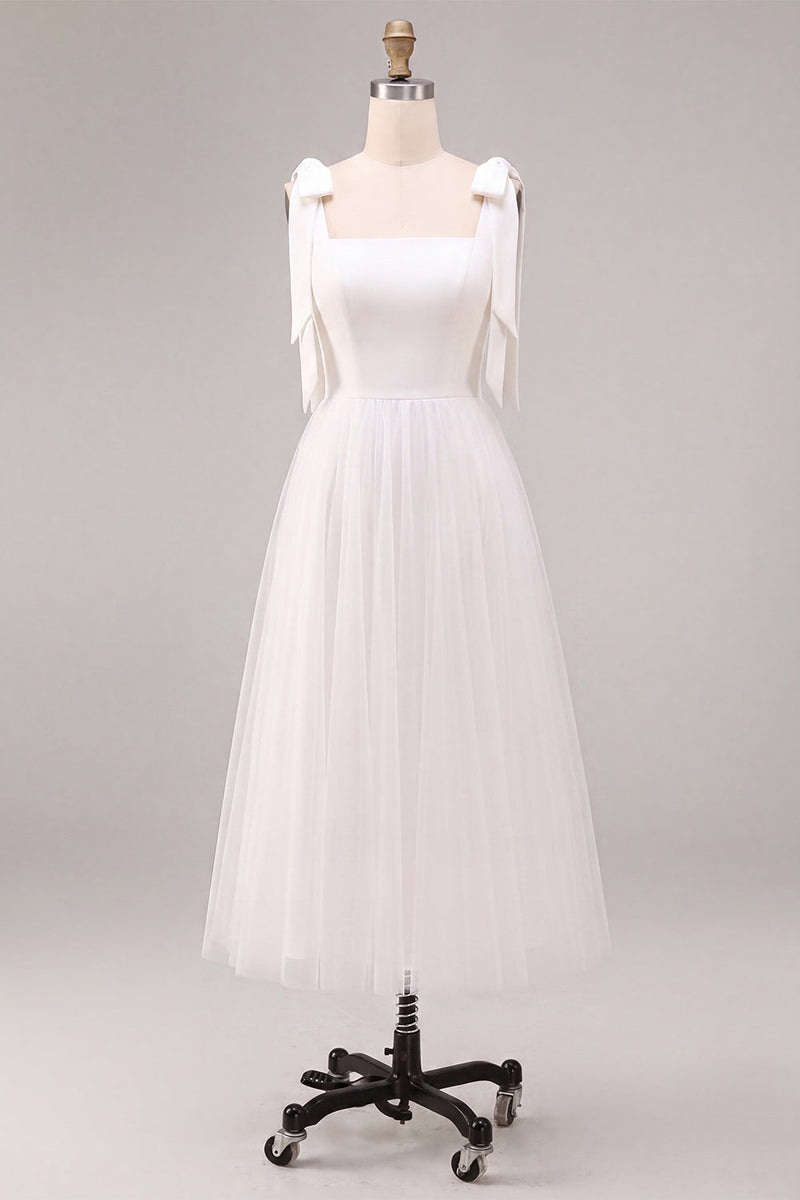 Load image into Gallery viewer, White Tulle A-Line Midi Boho Engagement Dress with Bows