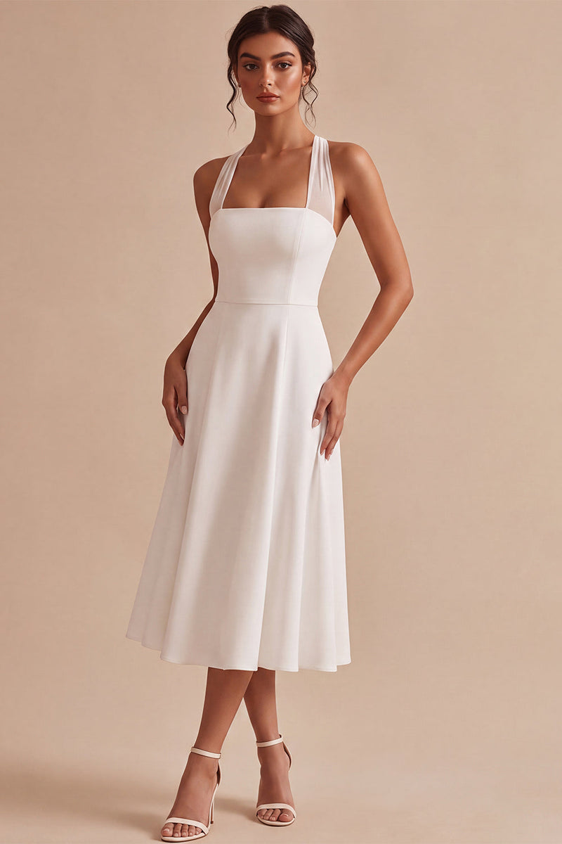 Load image into Gallery viewer, Simple White Halter A-Line Midi Beach Engagement Dress