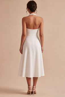 Simple White Halter A-Line Midi Beach Engagement Dress