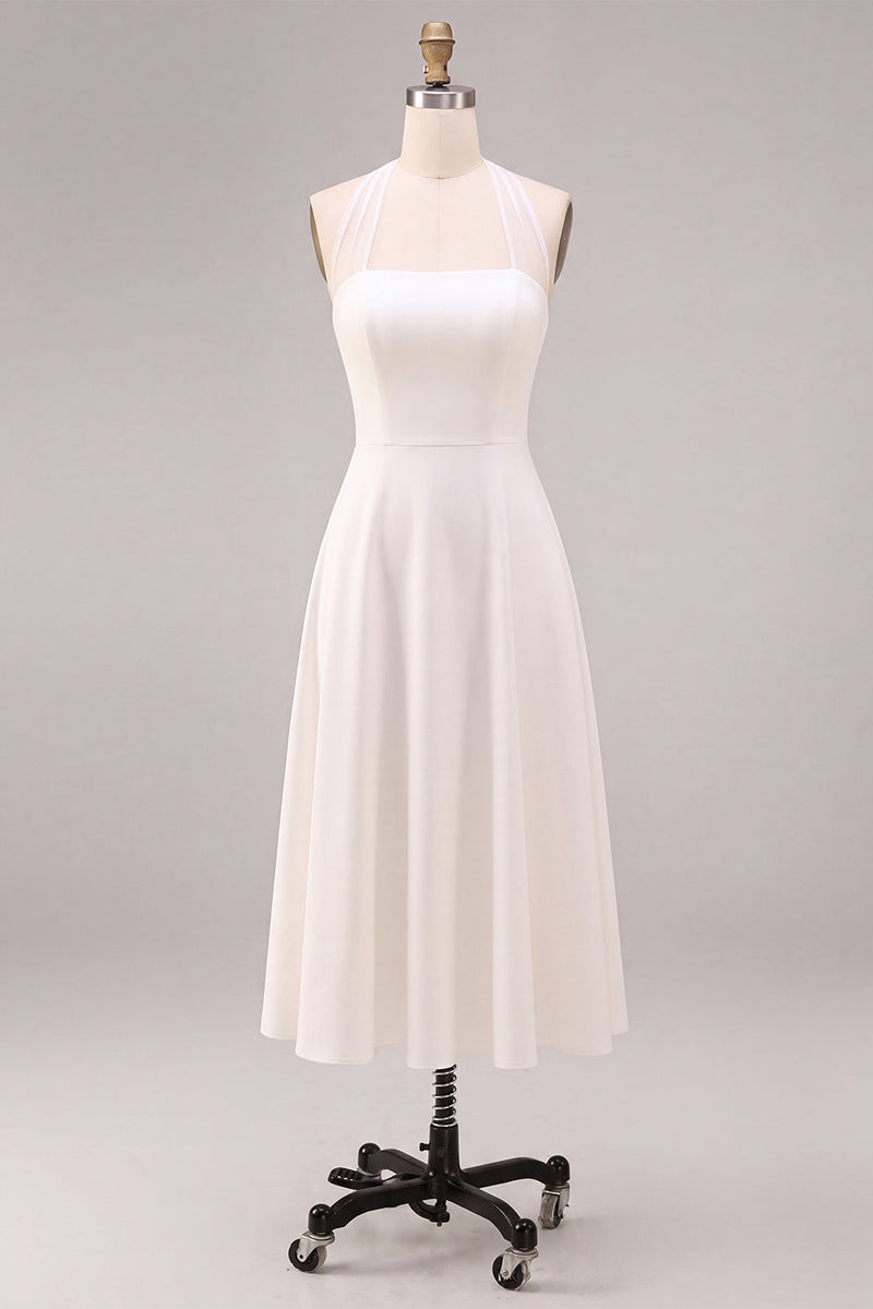 Load image into Gallery viewer, Simple White Halter A-Line Midi Beach Engagement Dress