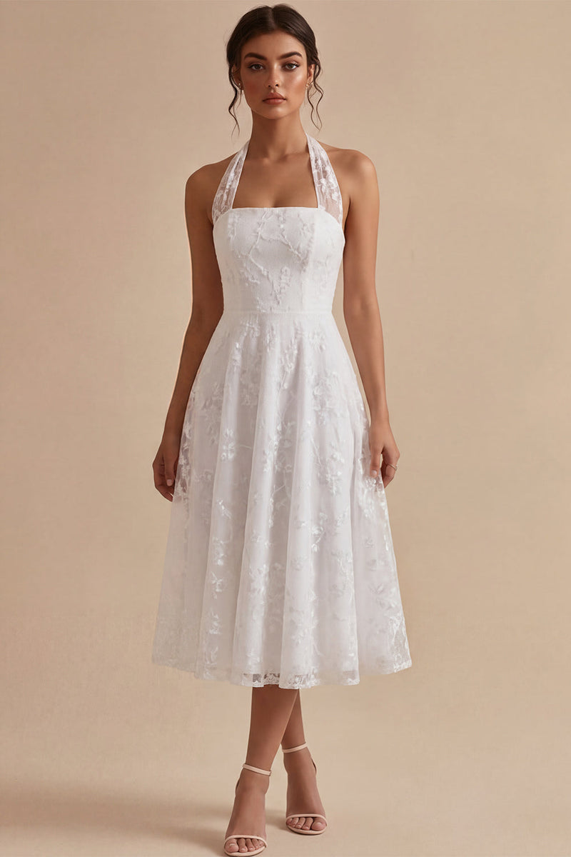 Load image into Gallery viewer, Simple White Halter A-Line Midi Beach Engagement Dress