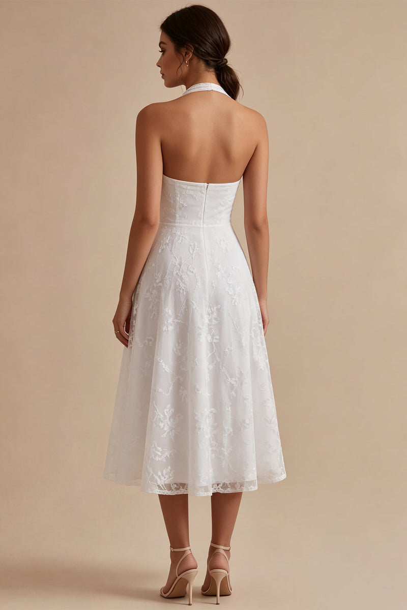 Load image into Gallery viewer, Simple White Halter A-Line Midi Beach Engagement Dress