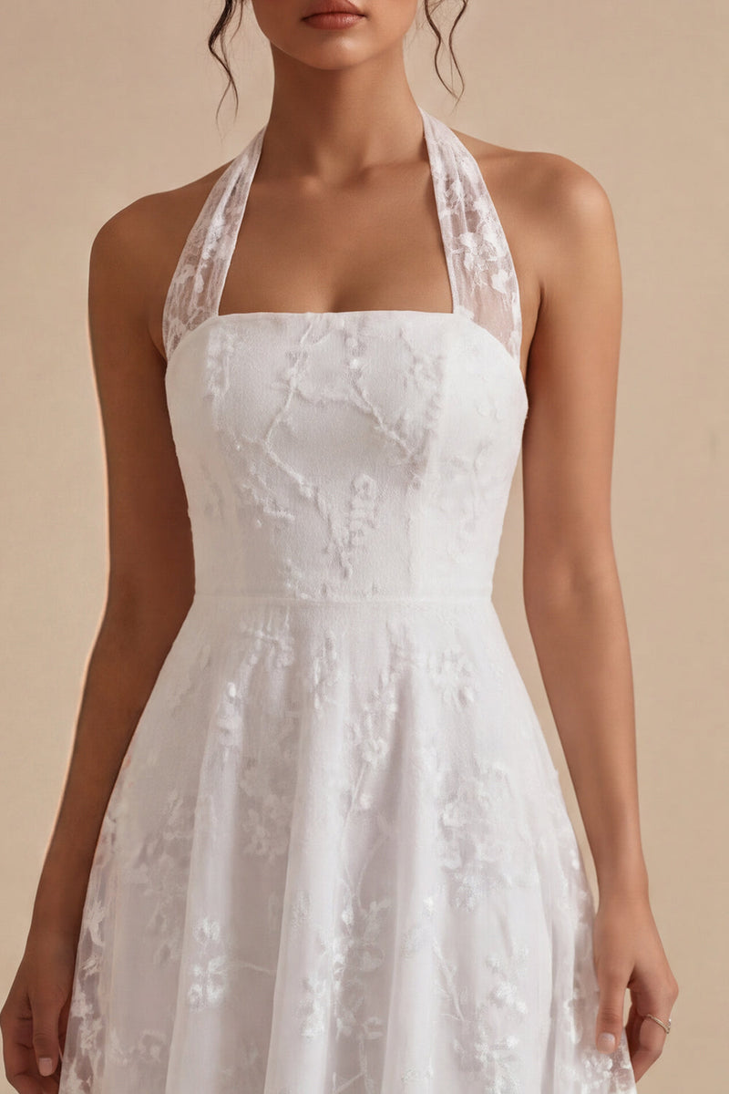 Load image into Gallery viewer, Simple White Halter A-Line Midi Beach Engagement Dress