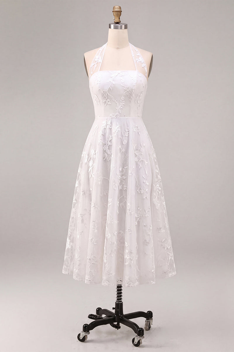 Load image into Gallery viewer, Simple White Halter A-Line Midi Beach Engagement Dress