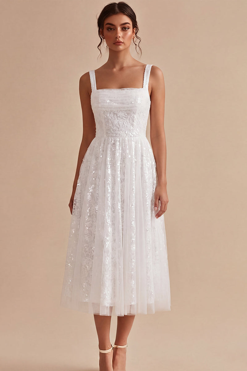 Load image into Gallery viewer, Sparkly White Sequins A-Line Square Neck Midi Boho Engagement Dress