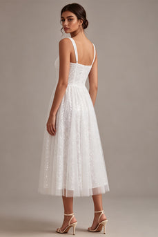 Sparkly White Sequins A-Line Square Neck Midi Boho Engagement Dress