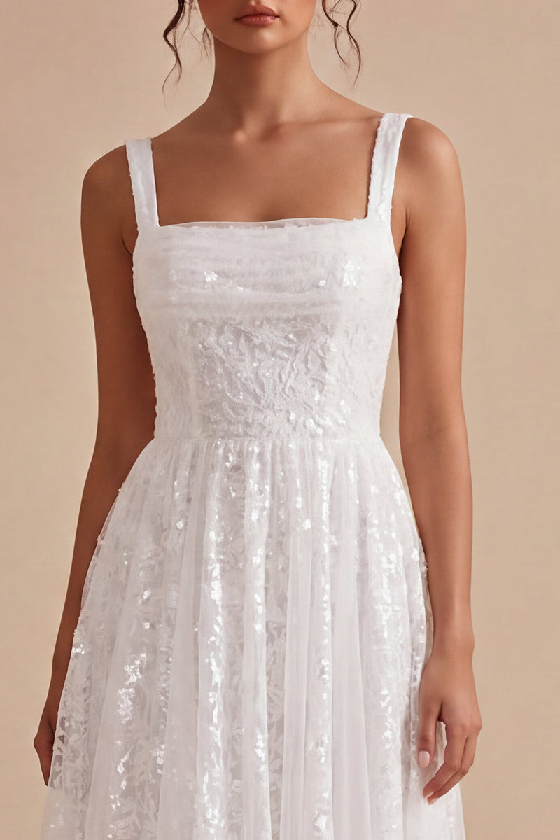 Load image into Gallery viewer, Sparkly White Sequins A-Line Square Neck Midi Boho Engagement Dress