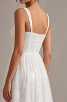 Load image into Gallery viewer, Sparkly White Sequins A-Line Square Neck Midi Boho Engagement Dress