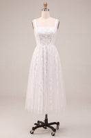 Load image into Gallery viewer, Sparkly White Sequins A-Line Square Neck Midi Boho Engagement Dress