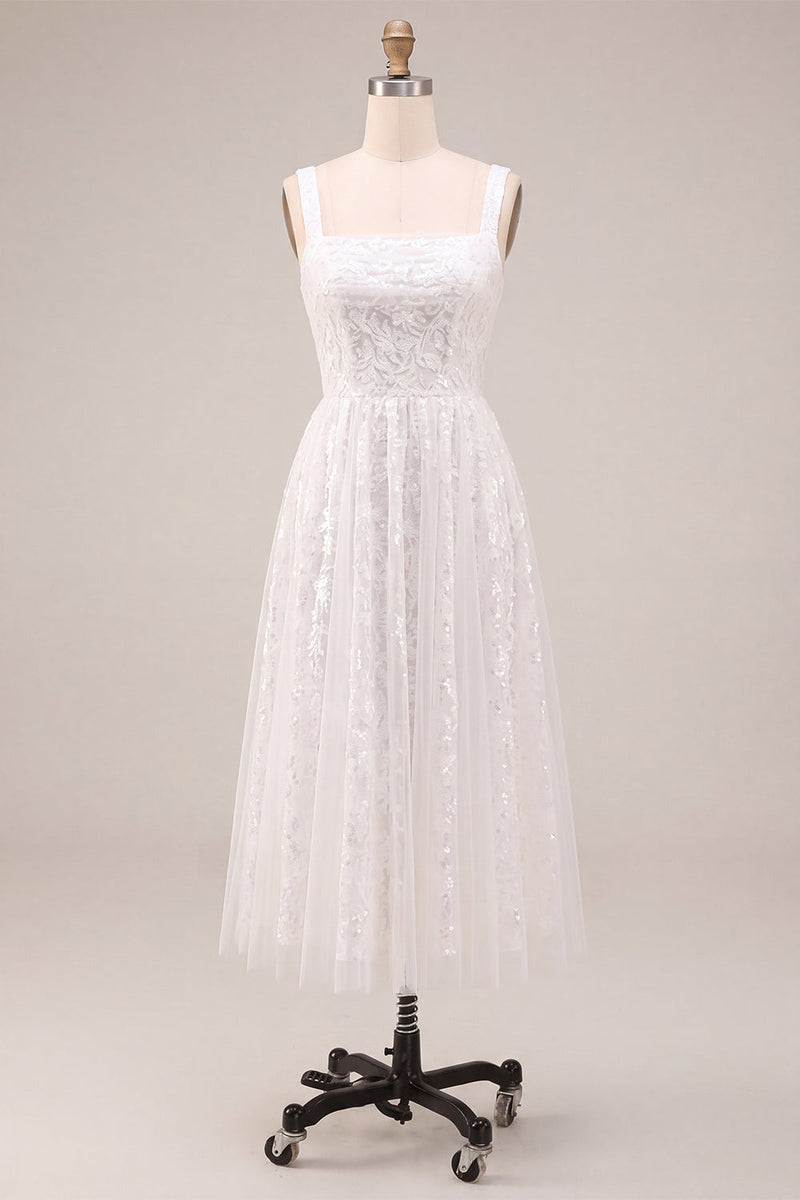 Load image into Gallery viewer, Sparkly White Sequins A-Line Square Neck Midi Boho Engagement Dress