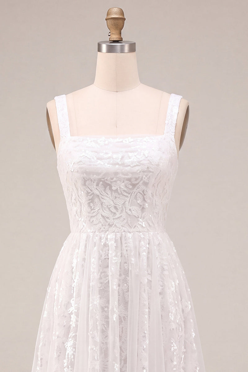Load image into Gallery viewer, Sparkly White Sequins A-Line Square Neck Midi Boho Engagement Dress