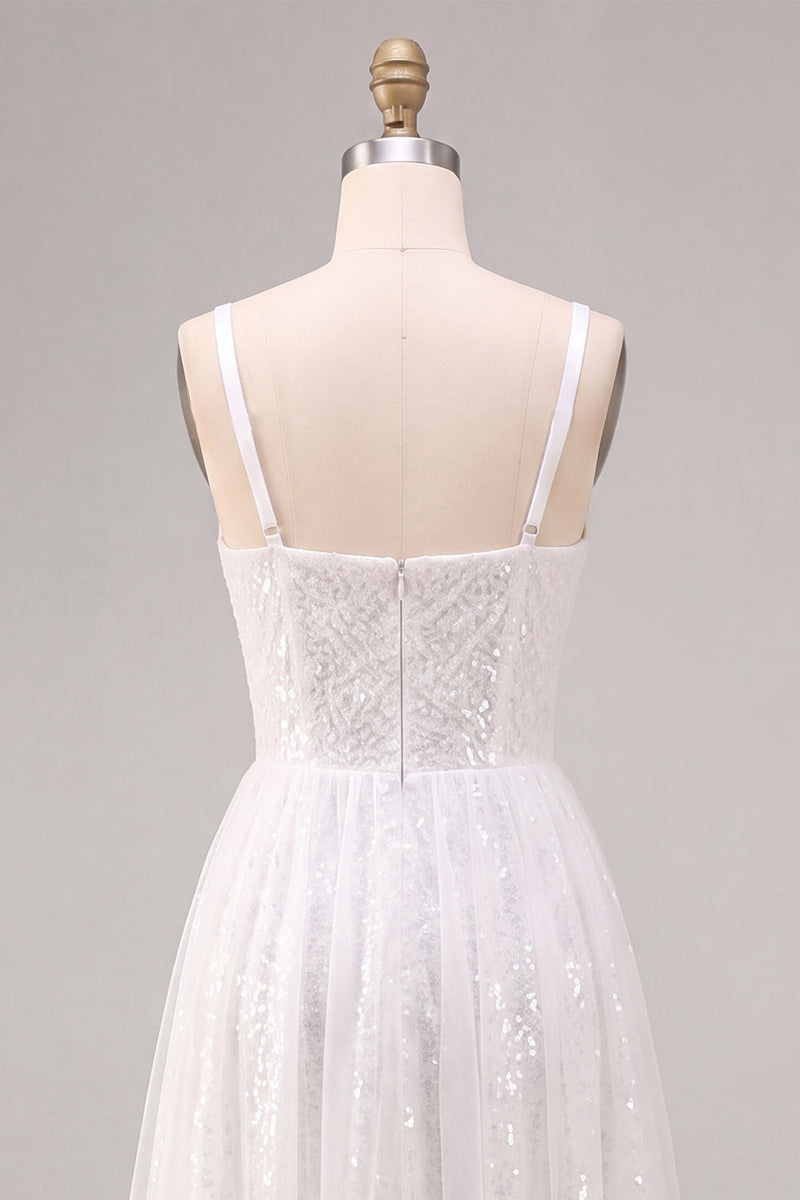 Load image into Gallery viewer, Sparkly White Sequins A-Line Square Neck Midi Boho Engagement Dress