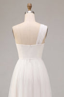 Load image into Gallery viewer, White A-Line Ruched One Shoulder Midi Boho Engagement Dress