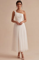 Load image into Gallery viewer, White A-Line Ruched One Shoulder Midi Boho Engagement Dress