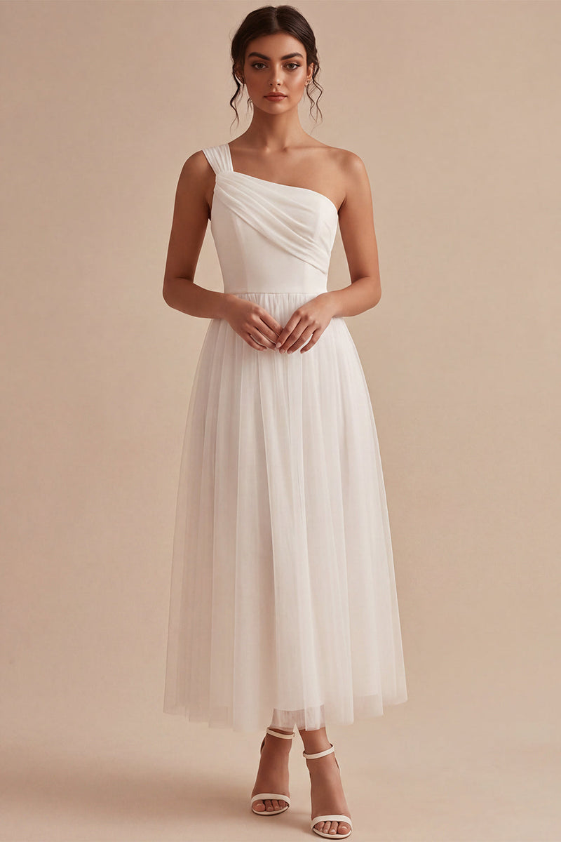 Load image into Gallery viewer, White A-Line Ruched One Shoulder Midi Boho Engagement Dress