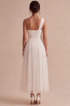 White A-Line Ruched One Shoulder Midi Boho Engagement Dress